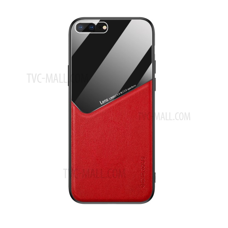 Built-in Magnetic Metal Sheet Leather Coated Glass PC TPU Combo Phone Case for iPhone 8 Plus/7 Plus 5.5 inch - Red-1