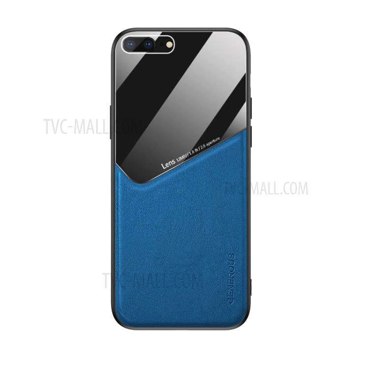 Built-in Magnetic Metal Sheet Leather Coated Glass PC TPU Combo Phone Case for iPhone 8 Plus/7 Plus 5.5 inch - Blue-1