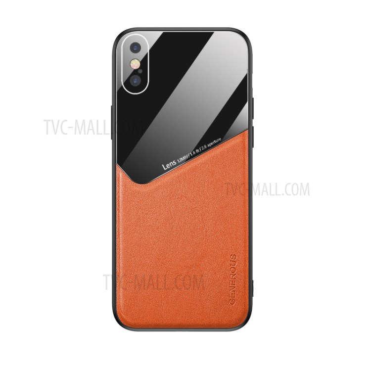 Built-in Magnetic Metal Sheet Leather Coated Glass PC TPU Hybrid Back Case for iPhone X/XS 5.8 inch - Orange-1