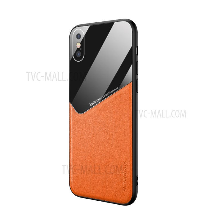 Built-in Magnetic Metal Sheet Leather Coated Glass PC TPU Hybrid Back Case for iPhone X/XS 5.8 inch - Orange-2