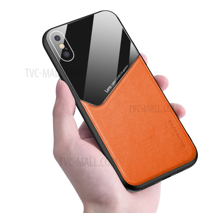 Built-in Magnetic Metal Sheet Leather Coated Glass PC TPU Hybrid Back Case for iPhone X/XS 5.8 inch - Orange-3