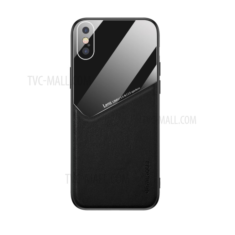 Built-in Magnetic Metal Sheet Leather Coated Glass PC TPU Hybrid Back Case for iPhone X/XS 5.8 inch - Black-1