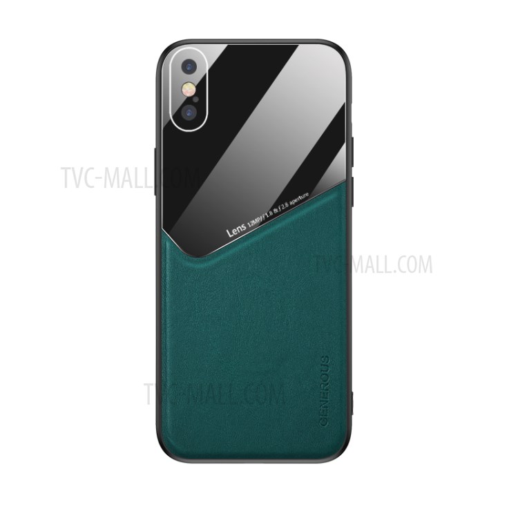 Built-in Magnetic Metal Sheet Leather Coated Glass PC TPU Combo Back Case for iPhone XS Max 6.5 inch - Green