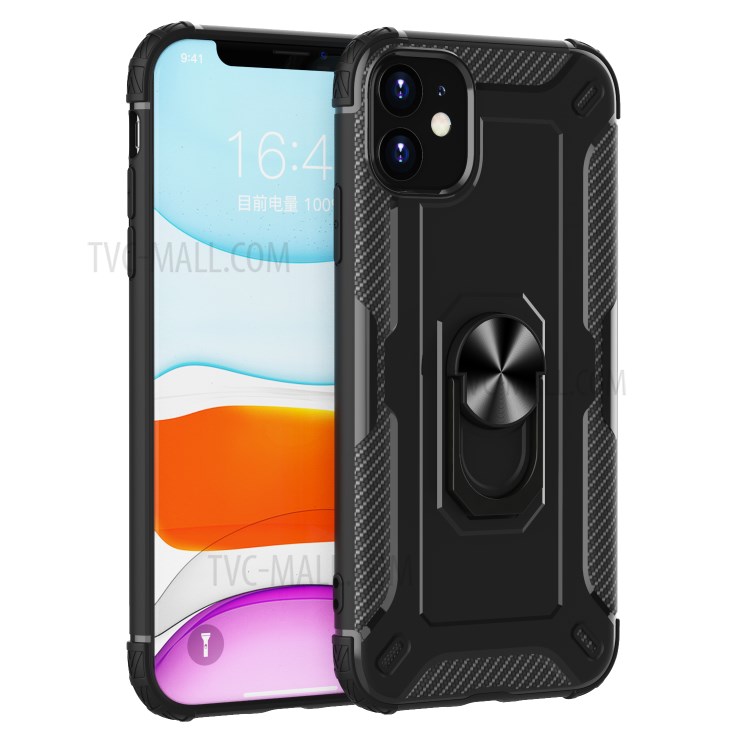 Finger Ring Kickstand Shock-resistant TPU Protective Phone Cover for iPhone 11 6.1-inch - Black-1