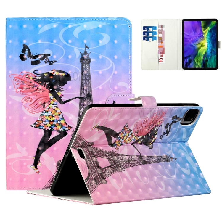 Light Spot Decor Pattern Printing Stand Leather Tablet Case for iPad Pro 11-inch (2020)/(2018) - Girl/Tower-1