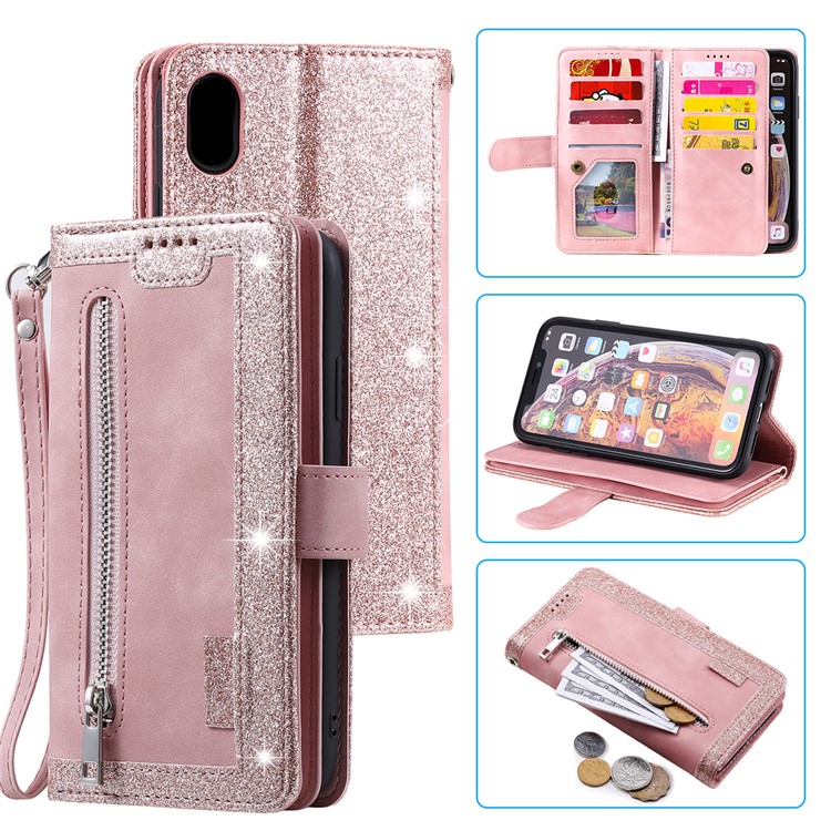 Zipper Wallet with 9 Card Slots Leather Phone Case with Strap for iPhone X/XS 5.8 inch - Pink-1
