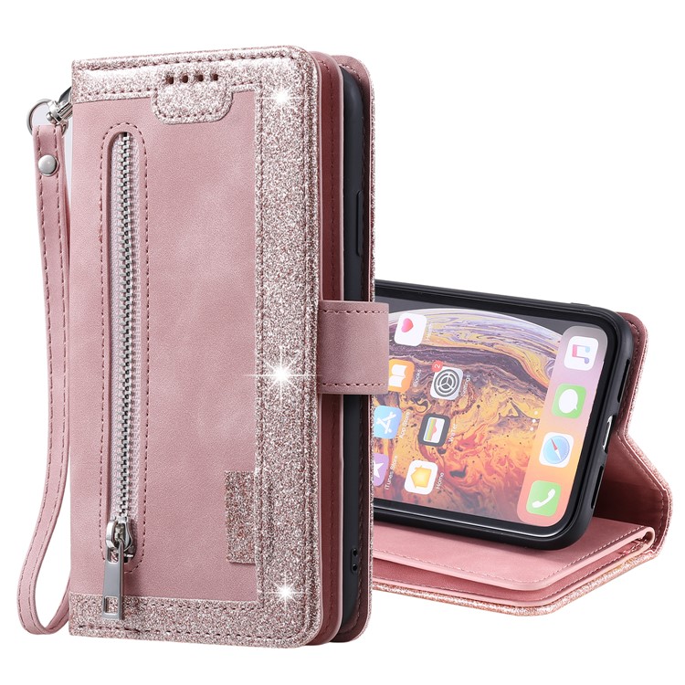Zipper Wallet with 9 Card Slots Leather Phone Case with Strap for iPhone X/XS 5.8 inch - Pink-10