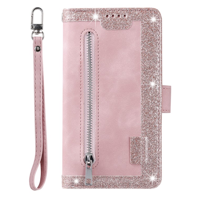 Zipper Wallet with 9 Card Slots Leather Phone Case with Strap for iPhone X/XS 5.8 inch - Pink-2