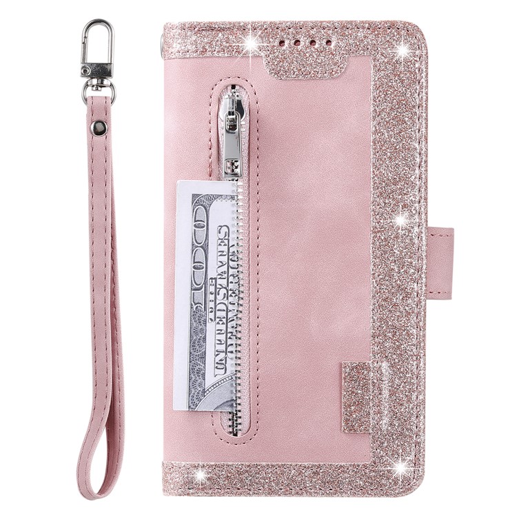 Zipper Wallet with 9 Card Slots Leather Phone Case with Strap for iPhone X/XS 5.8 inch - Pink-3