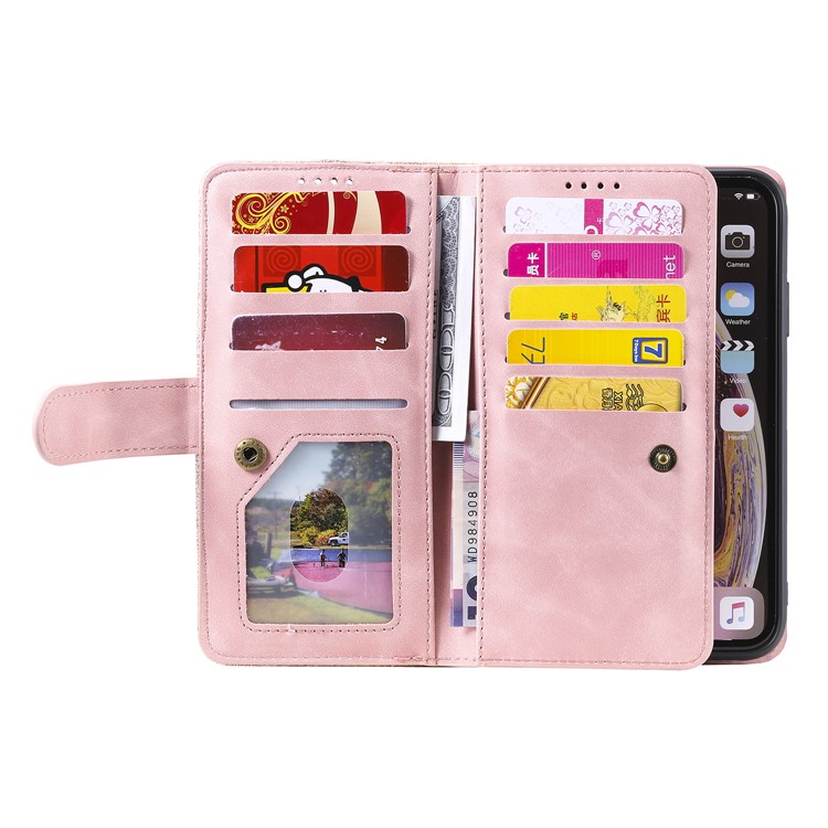 Zipper Wallet with 9 Card Slots Leather Phone Case with Strap for iPhone X/XS 5.8 inch - Pink-4