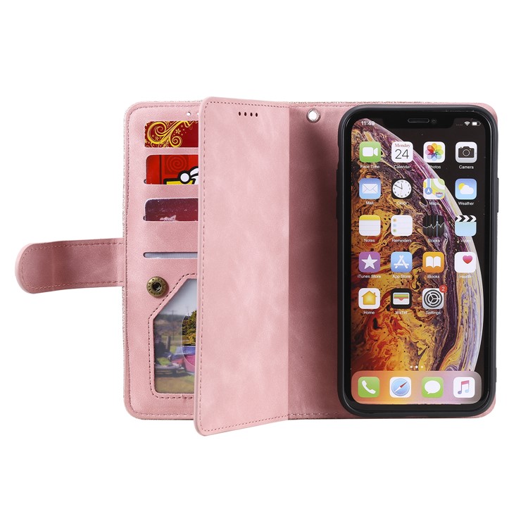 Zipper Wallet with 9 Card Slots Leather Phone Case with Strap for iPhone X/XS 5.8 inch - Pink-5