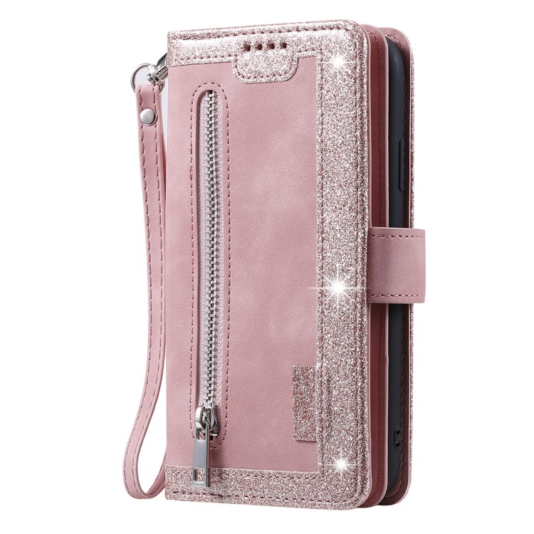 Zipper Wallet with 9 Card Slots Leather Phone Case with Strap for iPhone X/XS 5.8 inch - Pink-6