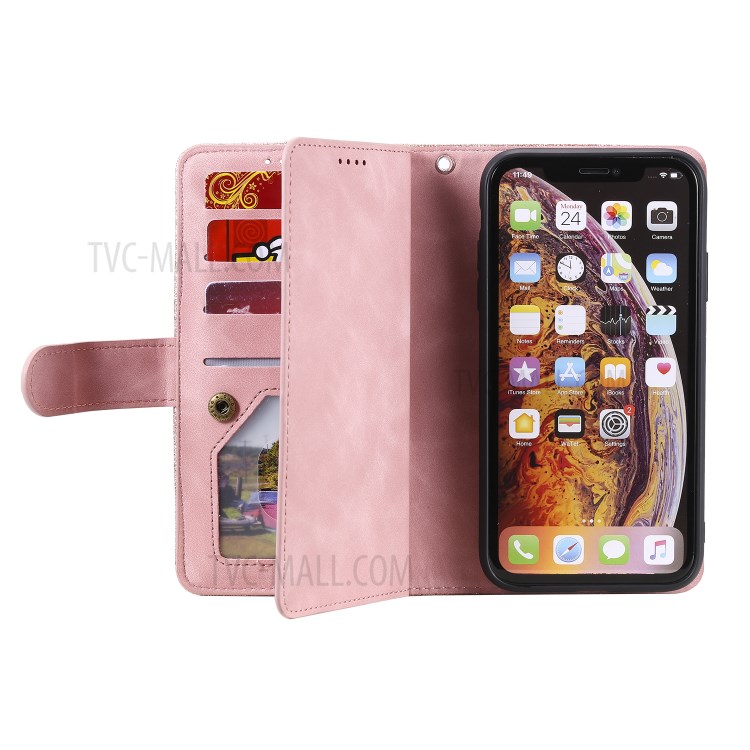 Zipper Wallet with 9 Card Slots Leather Phone for Apple iPhone XS Max 6.5 inch - Pink-5