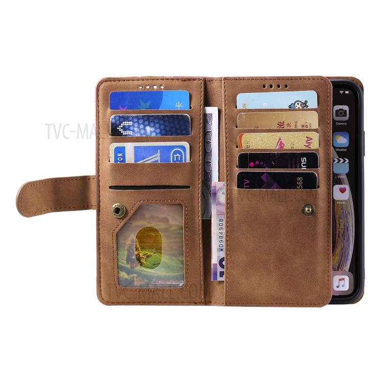 Zipper Wallet with 9 Card Slots Leather Phone for Apple iPhone XS Max 6.5 inch - Brown-3