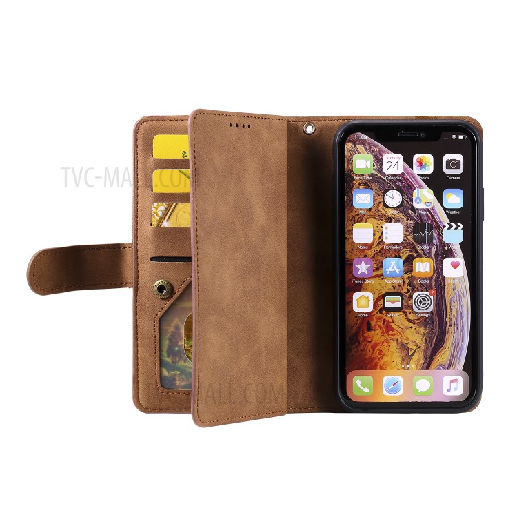 Zipper Wallet with 9 Card Slots Leather Phone for Apple iPhone XS Max 6.5 inch - Brown-4