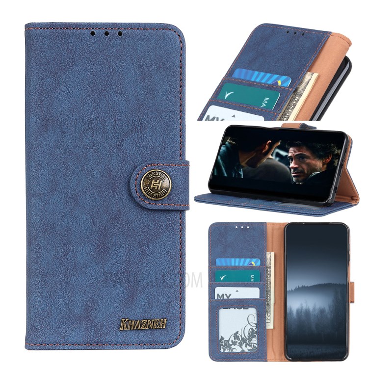 KHAZNEH Vintage Style Leather Wallet Stand Phone Shell for iPhone 12 Pro Max 6.7 inch - Blue-1