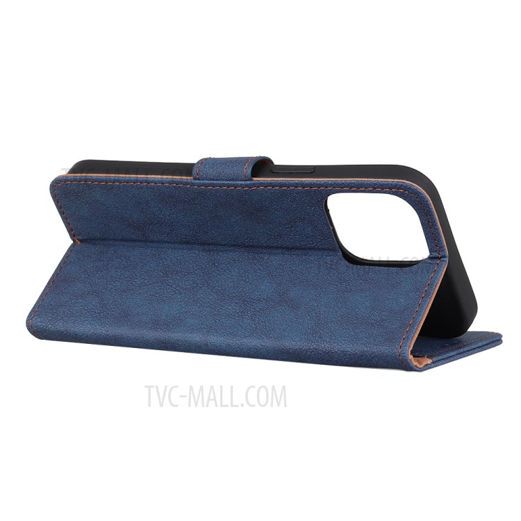 KHAZNEH Vintage Style Leather Wallet Stand Phone Shell for iPhone 12 Pro Max 6.7 inch - Blue-3
