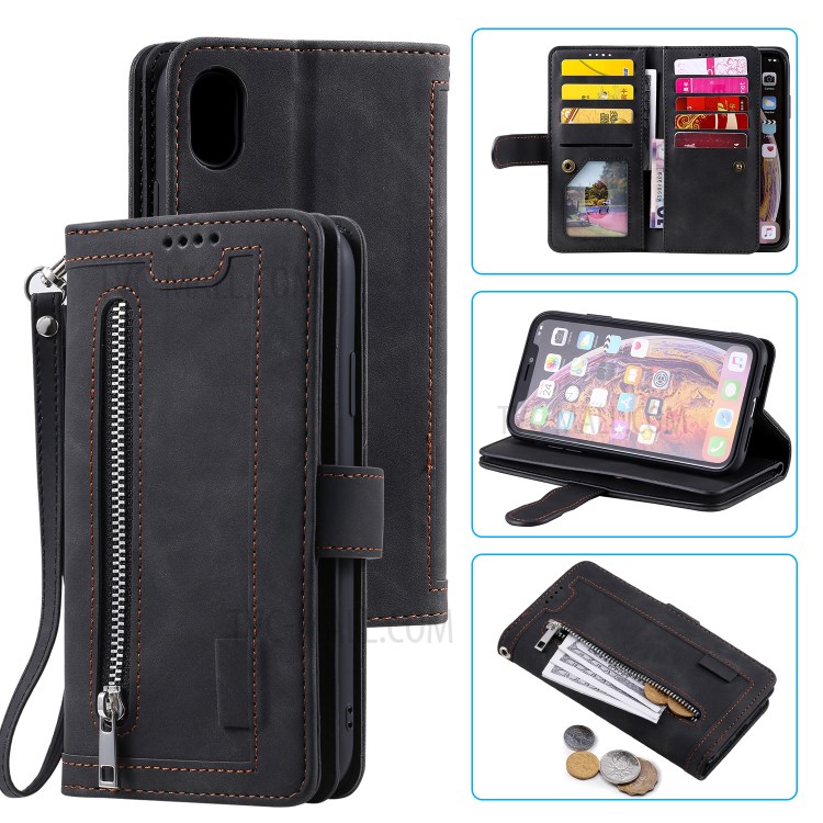 Zipper Pocket 9 Card Slots Leather Wallet Stand Phone Case for iPhone XR 6.1 inch - Black-1