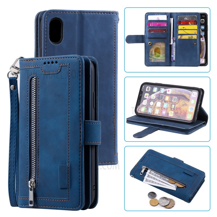 Zipper Pocket 9 Card Slots Leather Wallet Stand Phone Case for iPhone XR 6.1 inch - Blue-1