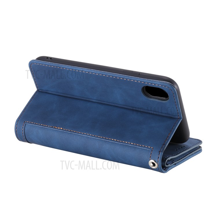 Zipper Pocket 9 Card Slots Leather Wallet Stand Phone Case for iPhone XR 6.1 inch - Blue-12