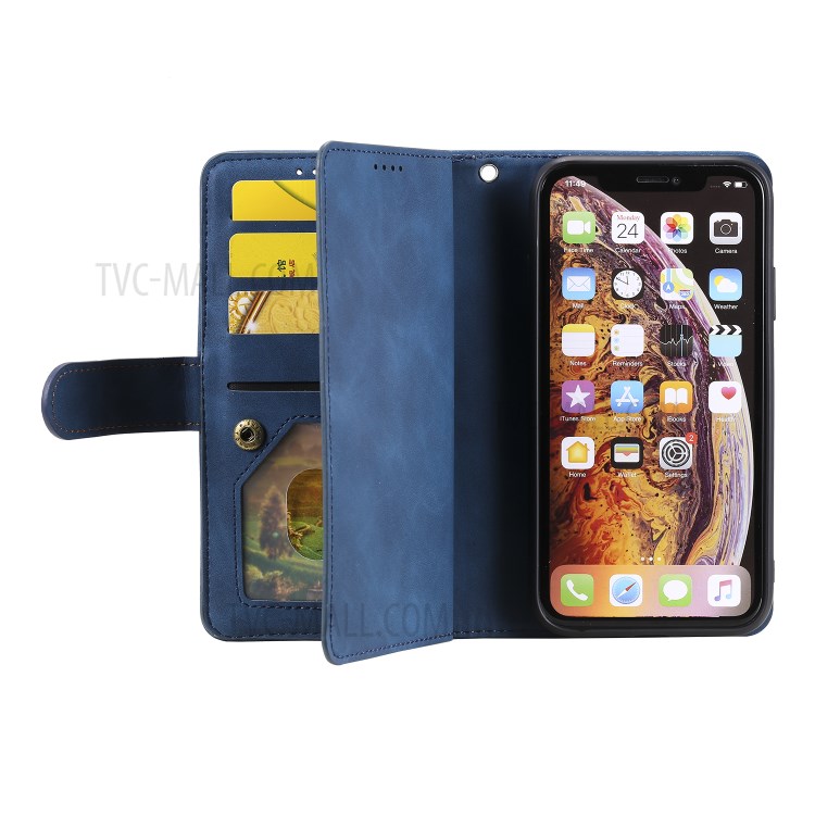 Zipper Pocket 9 Card Slots Leather Wallet Stand Phone Case for iPhone XR 6.1 inch - Blue-9