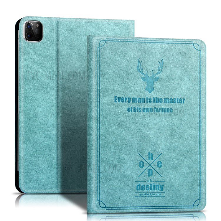 Imprint Deer and Quote PU Leather Stand Case Cover for iPad Pro 11-inch (2020) - Blue-1