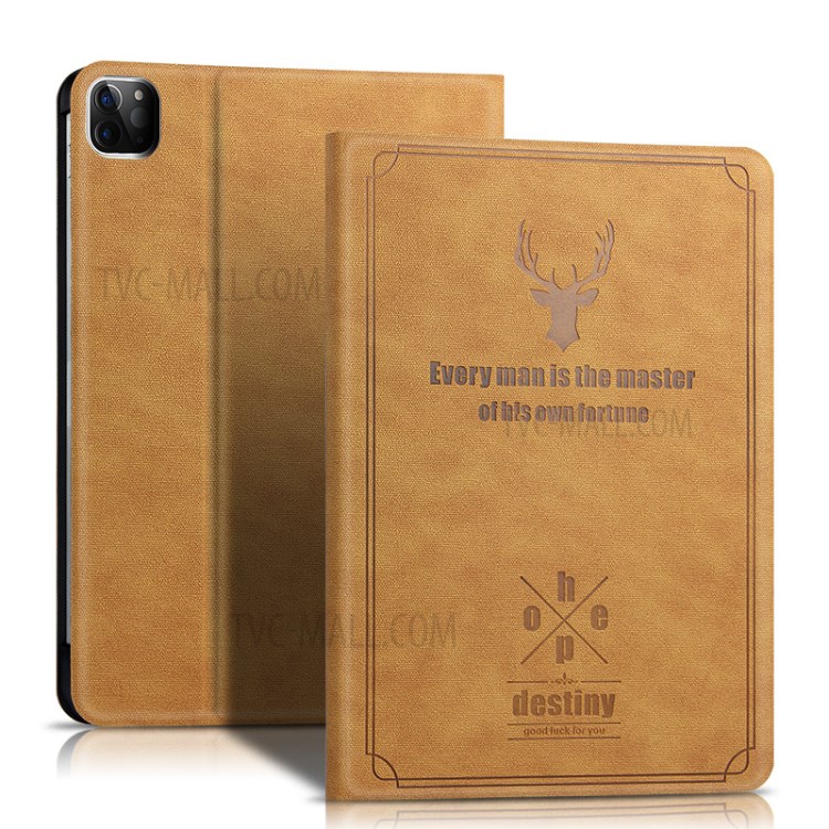 Imprint Deer and Quote PU Leather Stand Case Cover for iPad Pro 11-inch (2020) - Brown-1