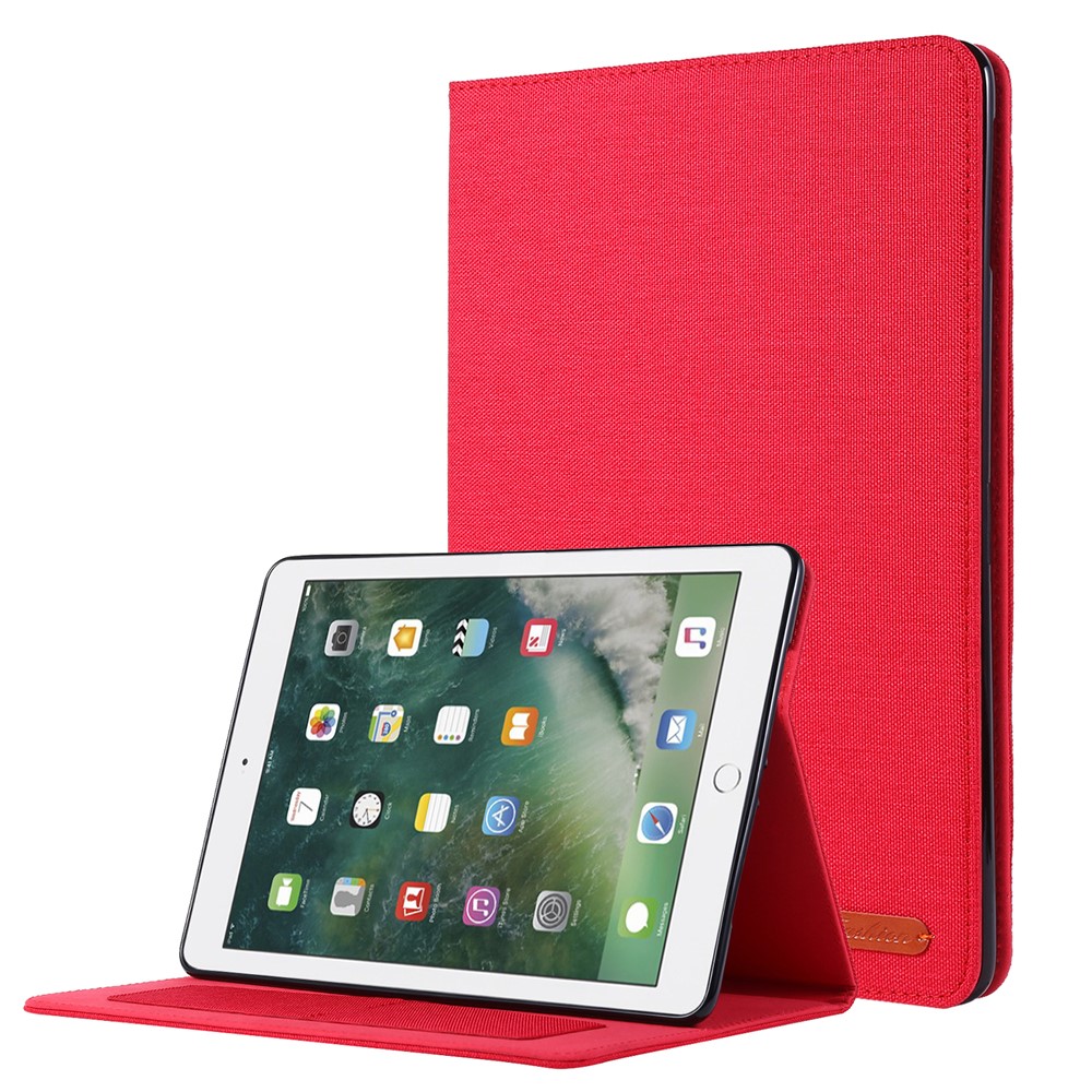 For iPad 9.7-inch (2018)/(2017) /iPad Air (2013)/Air 2 Tablet Case Cloth Texture Leather Protective Cover with Card Slots Stand - Red