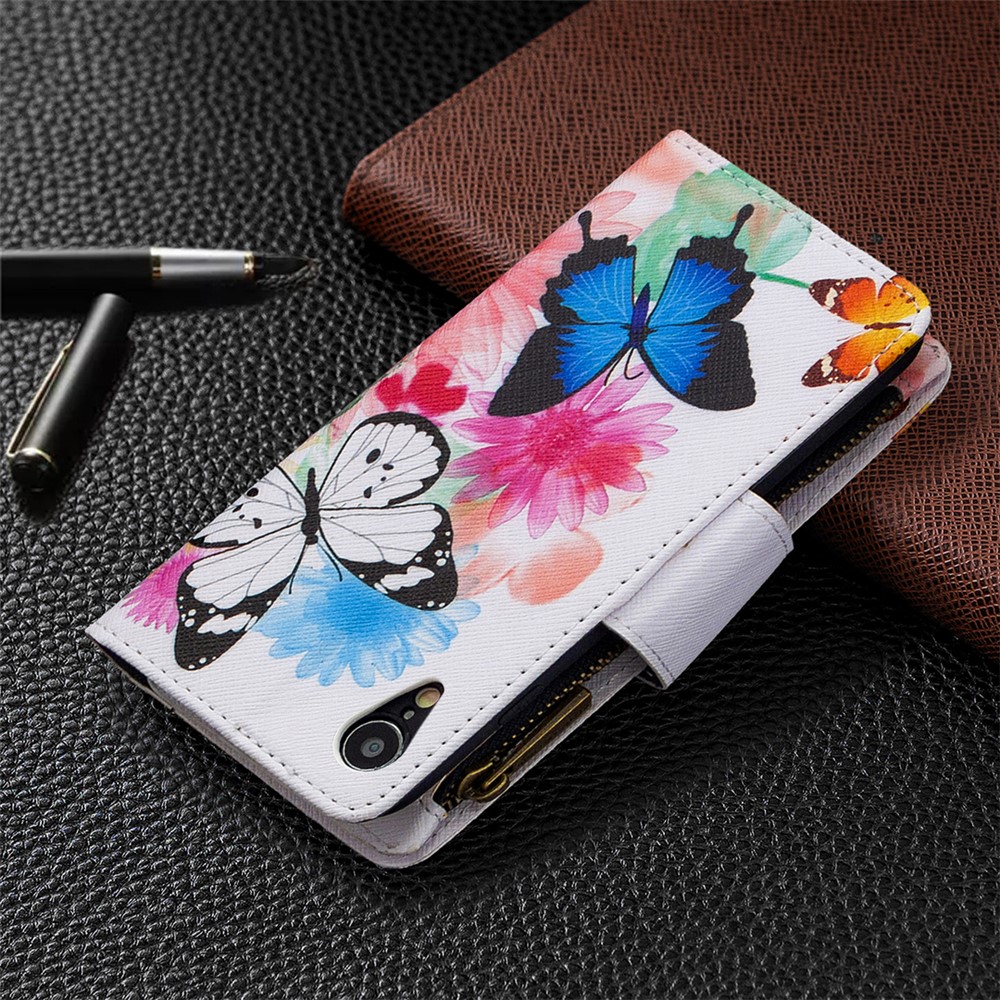 BF03 Pattern Printing Zipper Wallet Leather Phone Cover for iPhone XR 6.1 inch - Blue and White Butterfly-3