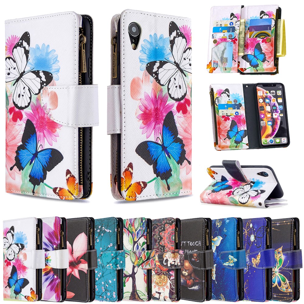 BF03 Pattern Printing Zipper Wallet Leather Phone Cover for iPhone XR 6.1 inch - Blue and White Butterfly-9