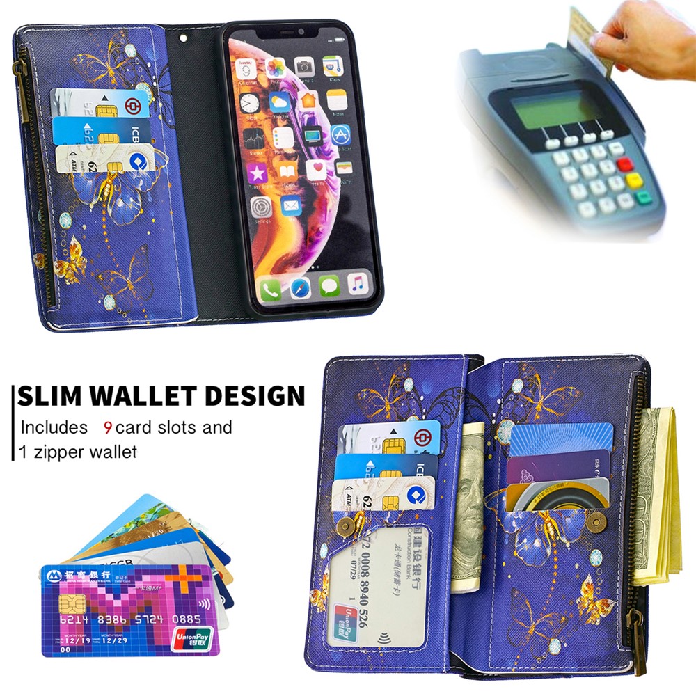 BF03 Pattern Printing Zipper Wallet Leather Phone Cover for iPhone XR 6.1 inch - Gold Butterfly-8