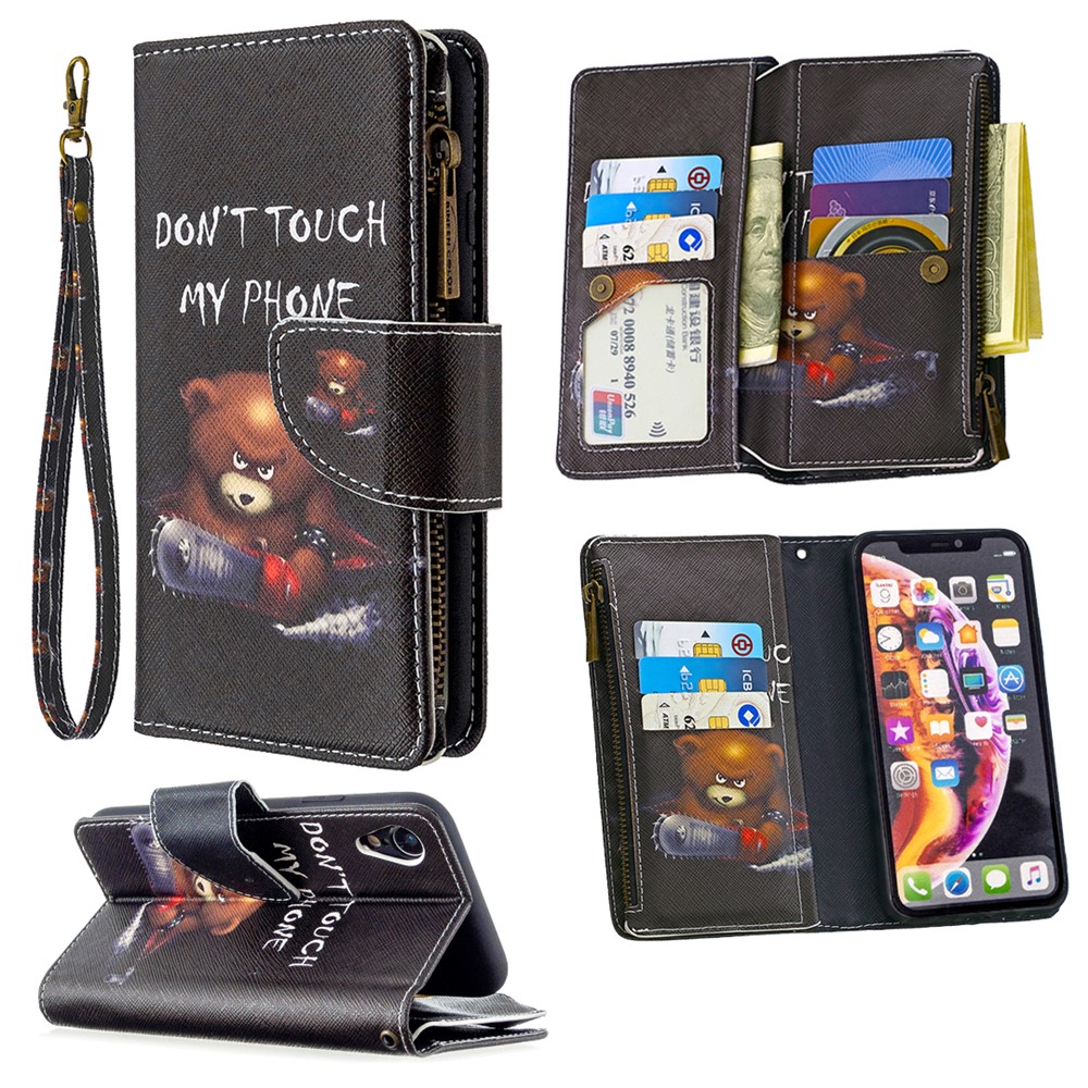 BF03 Pattern Printing Zipper Wallet Leather Phone Cover for iPhone XR 6.1 inch - Fierce Bear-1