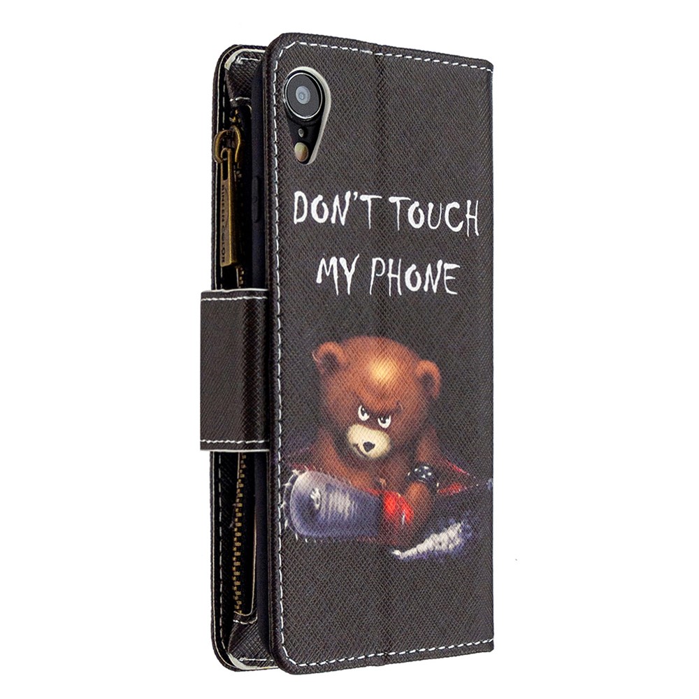 BF03 Padrão de Impressão Com Zíper da Carteira de Couro Capa Para Iphone XR 6,1 Polegadas - Urso Feroz