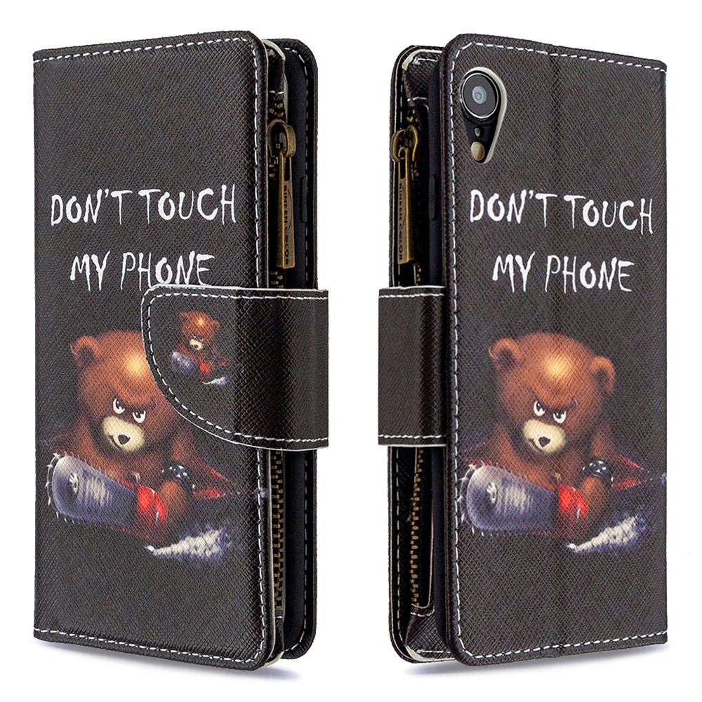 BF03 Padrão de Impressão Com Zíper da Carteira de Couro Capa Para Iphone XR 6,1 Polegadas - Urso Feroz