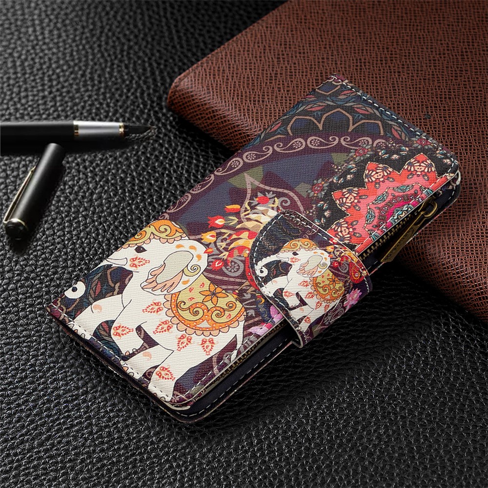 BF03 Pattern Printing Portefeuille à Fermeture Éclair Couverture de Téléphone en Cuir Pour Iphone XR 6,1 Pouces - L'éléphant