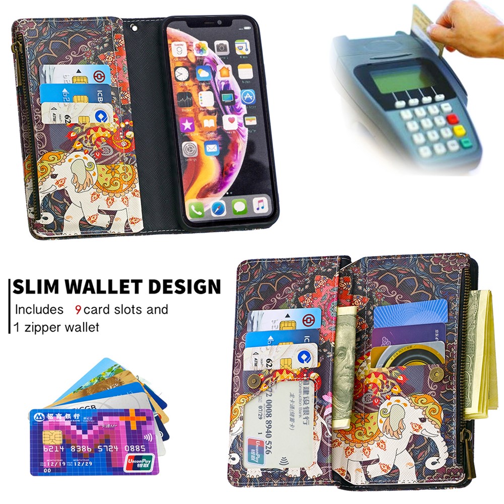 BF03 Pattern Printing Zipper Wallet Coperchio Telefonico in Pelle Per Iphone XR 6,1 Pollici - Elefante