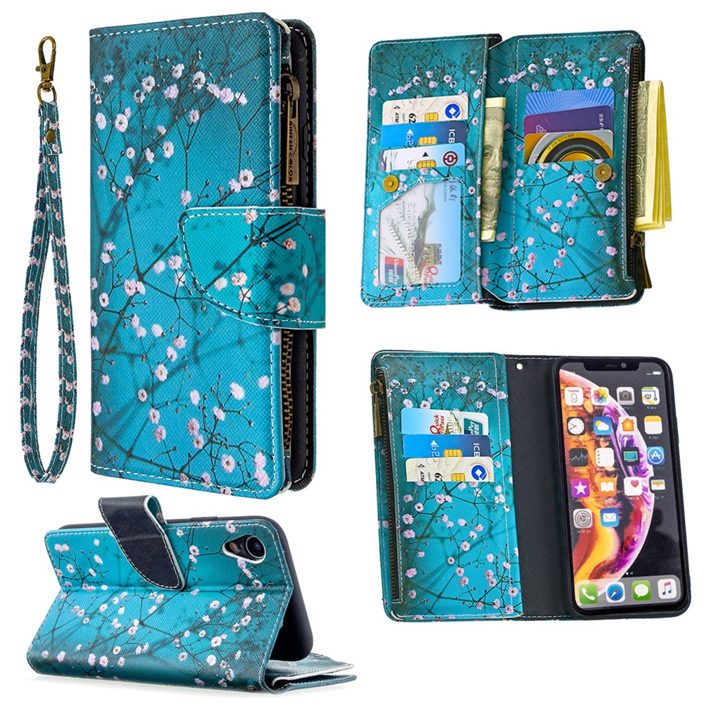 BF03 Pattern Printing Zipper Wallet Leather Phone Cover for iPhone XR 6.1 inch - Plum Blossom-1