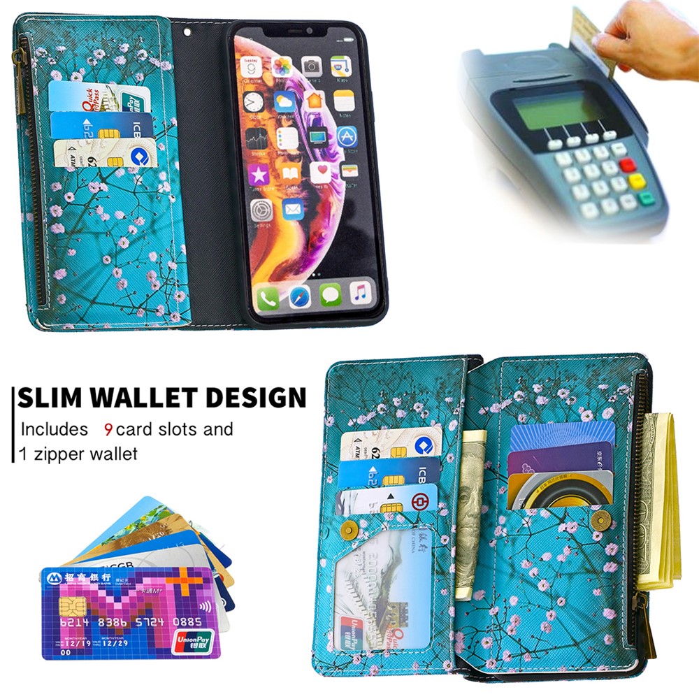 BF03 Pattern Printing Zipper Wallet Coperchio Telefonico in Pelle Per Iphone XR 6,1 Pollici - Plum Blossom-8