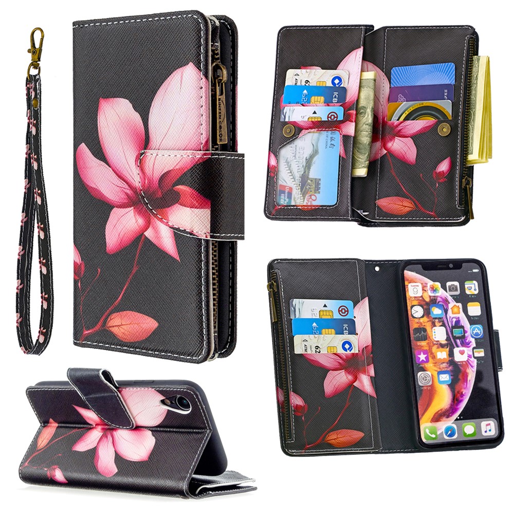 BF03 Pattern Printing Zipper Wallet Leather Phone Cover for iPhone XR 6.1 inch - Flower-1