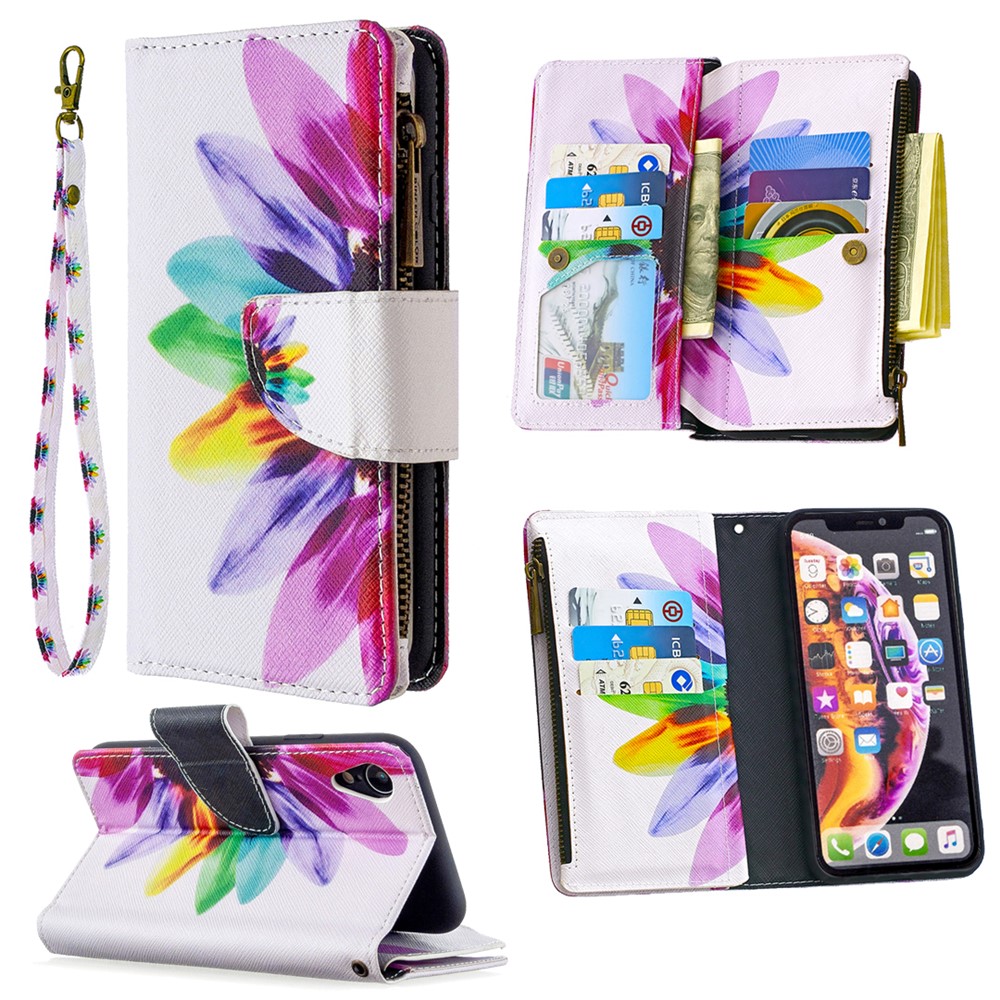 BF03 Pattern Printing Zipper Wallet Leather Phone Cover for iPhone XR 6.1 inch - Colorful Petals-1
