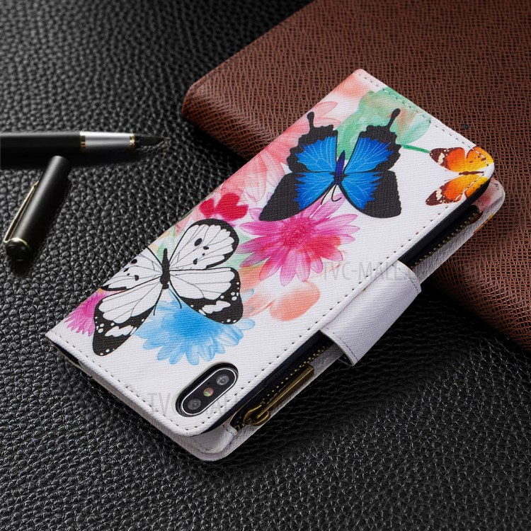 BF03 Pattern Printing Zipper Wallet Leather Protective Shell for iPhone XS Max 6.5 inch - Blue and White Butterfly-3