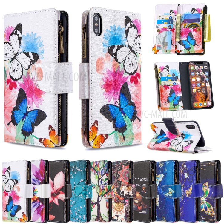 BF03 Pattern Printing Zipper Wallet Leather Protective Shell for iPhone XS Max 6.5 inch - Blue and White Butterfly-9