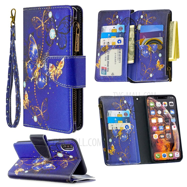 BF03 Pattern Printing Zipper Wallet Leather Protective Shell for iPhone XS Max 6.5 inch - Gold Butterfly-1