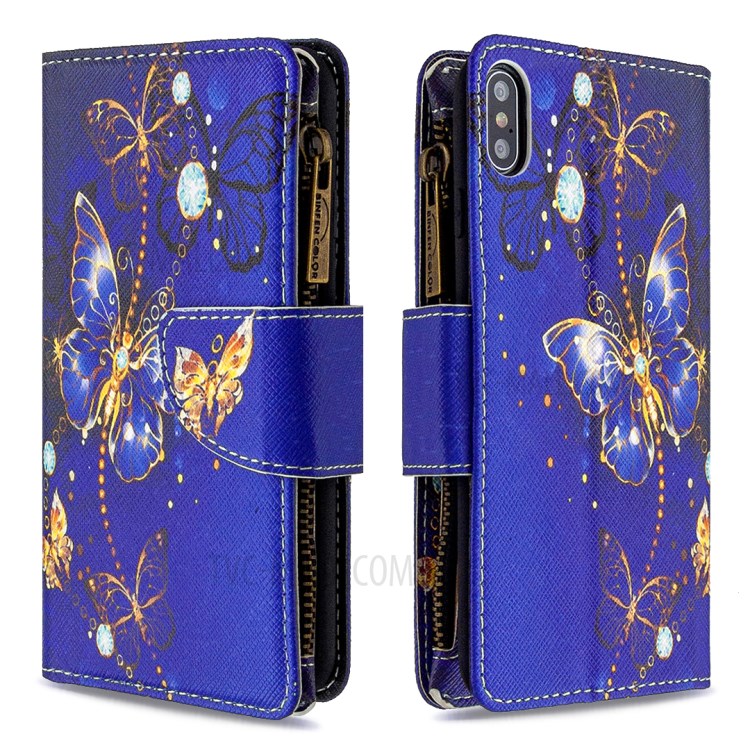 BF03 Pattern Printing Zipper Wallet Leather Protective Shell for iPhone XS Max 6.5 inch - Gold Butterfly-6