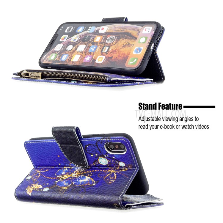 BF03 Pattern Printing Zipper Wallet Leather Protective Shell for iPhone XS Max 6.5 inch - Gold Butterfly-7