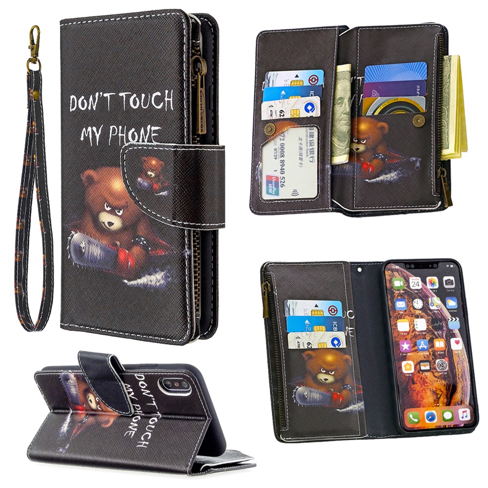 BF03 Pattern Printing Zipper Wallet Leather Protective Shell for iPhone XS Max 6.5 inch - Fierce Bear-1