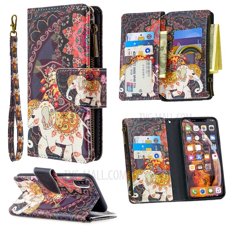 BF03 Pattern Printing Zipper Wallet Leather Protective Shell for iPhone XS Max 6.5 inch - Elephant-1