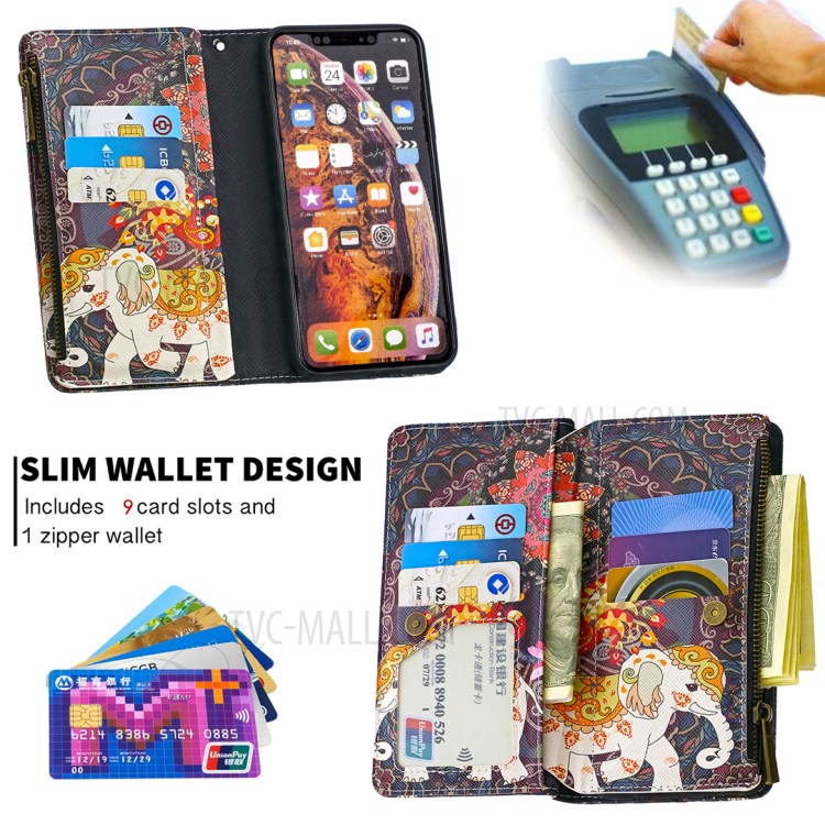 BF03 Pattern Printing Zipper Wallet Leather Protective Shell for iPhone XS Max 6.5 inch - Elephant-8