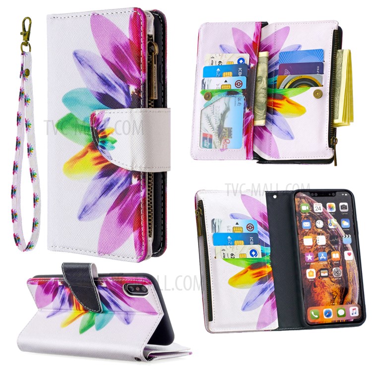 BF03 Pattern Printing Zipper Wallet Leather Protective Shell for iPhone XS Max 6.5 inch - Colorful Petals-1