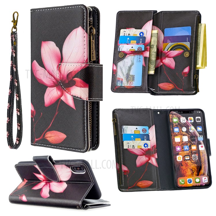 BF03 Pattern Printing Zipper Wallet Leather Protective Shell for iPhone XS Max 6.5 inch - Flower-1